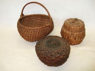 Of 3 Antique Splint Baskets – 2 Covered & 1 Buttocks photo
