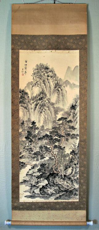Vintage Chinese Hanging Scroll Classic Deep Mountain Landscape On Silk photo