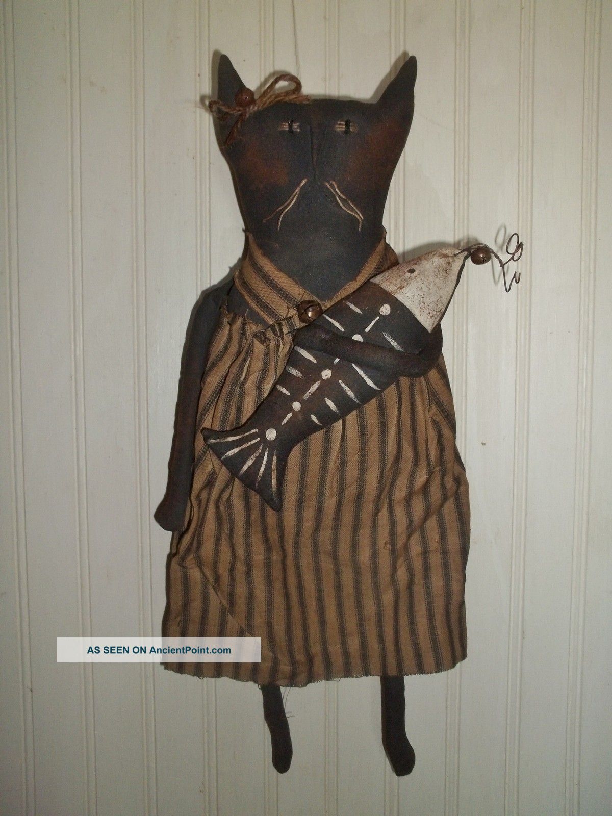 Primitive Grungy Folk Art Miss Kitty Cat Halloween Doll With Fish Skeleton Primitives photo