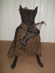 Primitive Grungy Folk Art Miss Kitty Cat Halloween Doll With Fish Skeleton Primitives photo 3