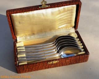 Vintage Set Of 6 French Cafe Coffee Spoons Silverplate Brand Reneka W/ Box photo
