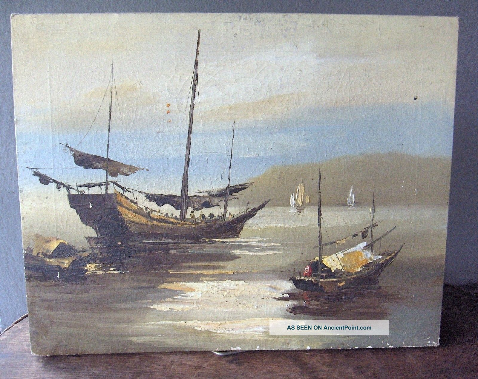 Wonderful Old World Oil Painting Fishing Boats Water View Ocean Signed Folk Art photo