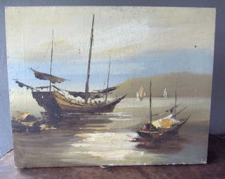 Wonderful Old World Oil Painting Fishing Boats Water View Ocean Signed photo