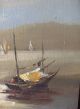 Wonderful Old World Oil Painting Fishing Boats Water View Ocean Signed Folk Art photo 2