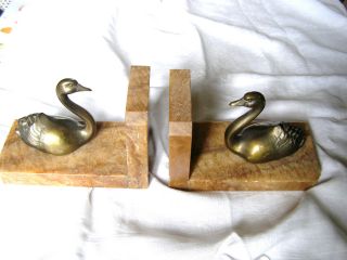 French Art Deco Bronze Swan And Marble Bookends Circa 1930 photo