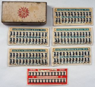 144 Antique 1902 The Gem Sewing Hooks & Eyes On Cards With Box 6 X 24 photo