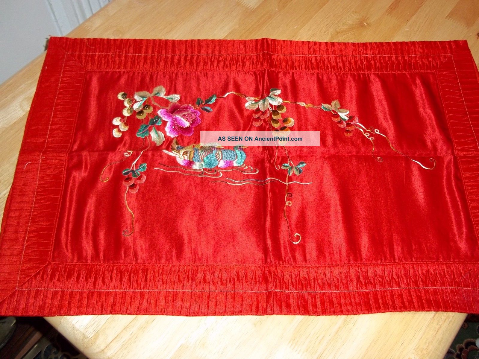 Antique Chinese Embroidered Asian Silk Pair Pillow Shams Robes & Textiles photo