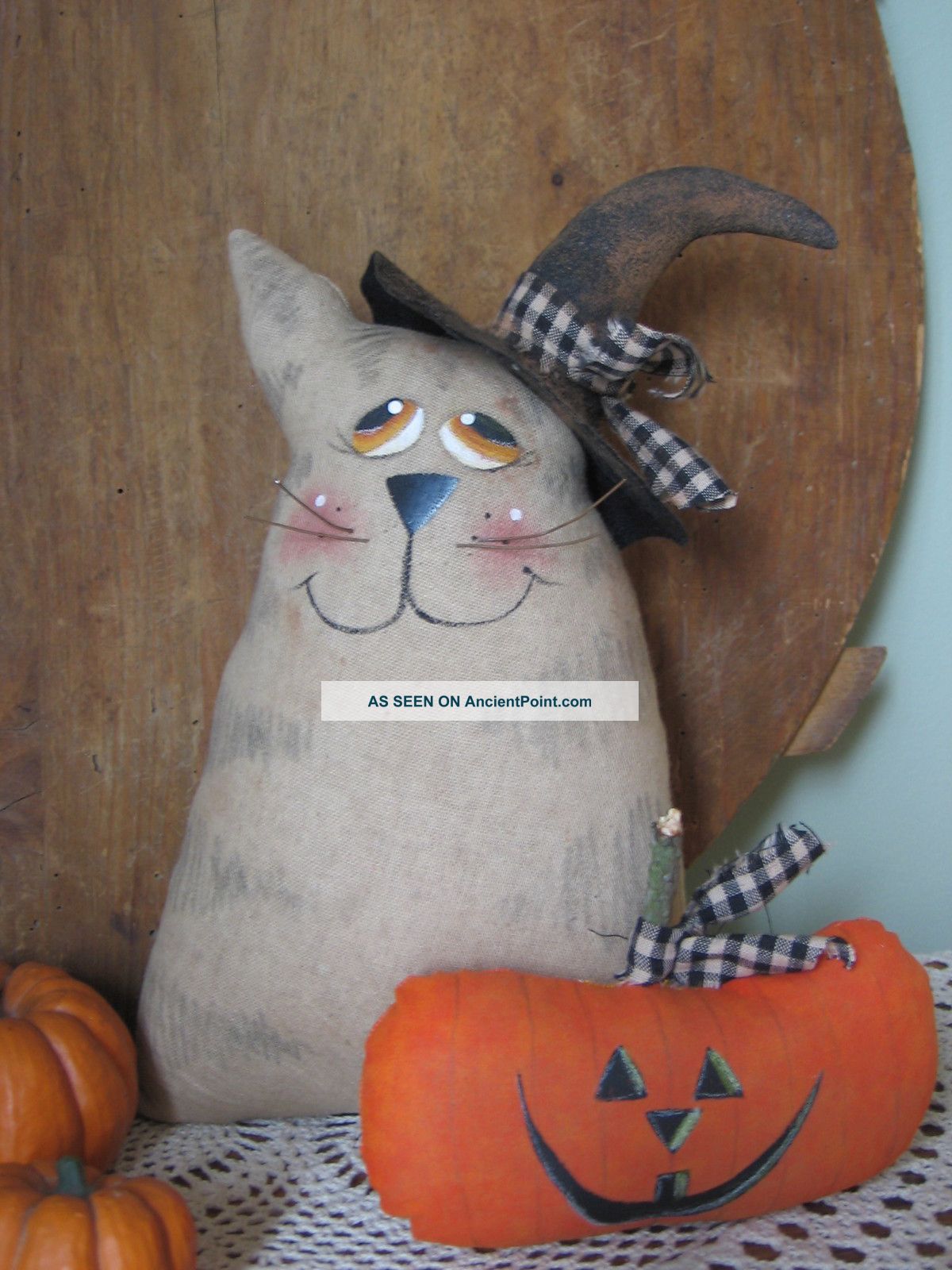 Primitive Raggedy Halloween Witch Cat W Pumpkin Doll Shelf Sitter Pattern Primitives photo