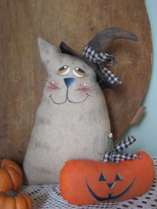 Primitive Raggedy Halloween Witch Cat W Pumpkin Doll Shelf Sitter Pattern photo