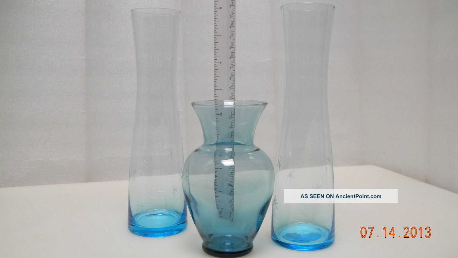 Hand Blown Aquamarine Bluish Greenish Turquoise Art Glass Fluted Vases Vases photo