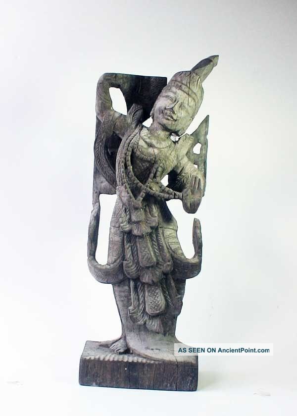 Asian Burma Antique Old Teak Wood Folk Dance Carved Statue Figure Burma photo
