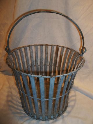 Antique Industrial Galvanized Strip Handled Bucket Art Metal Waste Basket photo