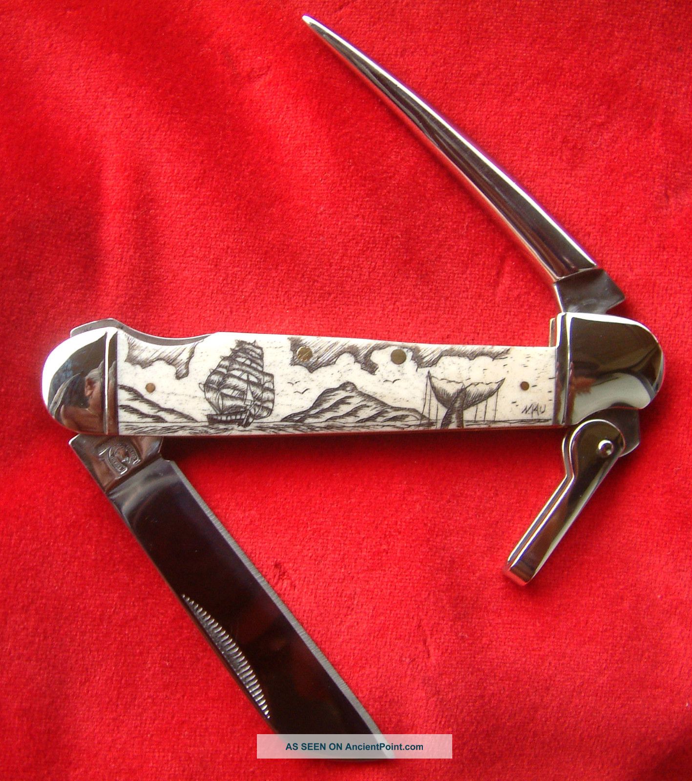 Hand Done,  Scrimshaw Art,  Ship,  Whale,  Island,  Marlin Spike Folding Knife/knives Scrimshaws photo