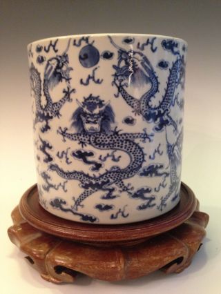Chinese Antique Blue&white Porcelain Brush Pot W/ 9 Dragons Pattern,  19th C,  Nr photo