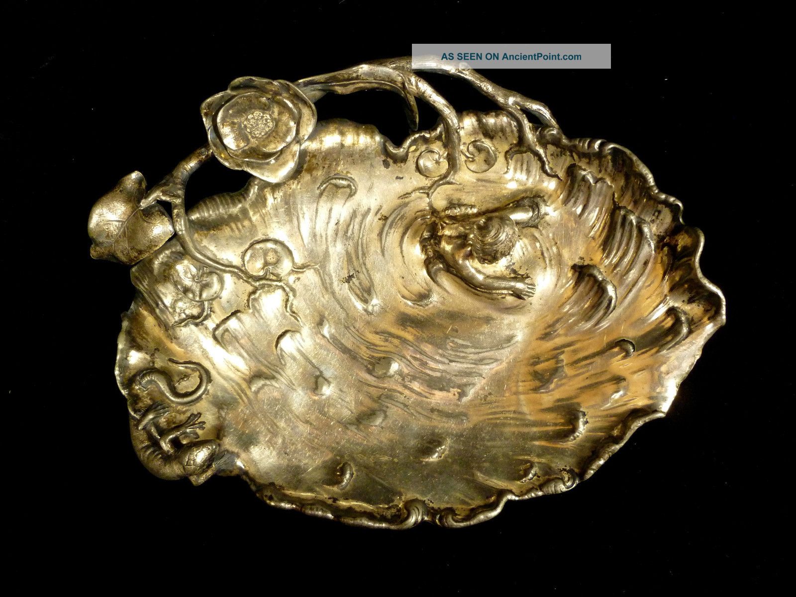 Very Rare Art Nouveau Silver Plated Card Tray - Boy Swimming To Escape Lizard Art Nouveau photo