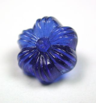 Antique Charmstring Glass Button Cobalt Blue Flower Mold W/ Swirl Back photo
