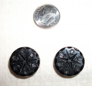 Antique Incised Black Glass Buttons 6pt Star & 6 Flowers Fancy Border photo