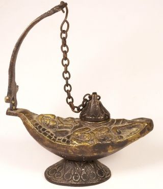 Antique Medieval - Renaissance Finely Decorated Bronze Oil Lamp Ca 1400 - 1500 Ad photo