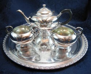 Silver Plate Tea Pot Set – Tea Pot,  Creamer,  Sugar And A Tray - From Wm.  A.  Rogers photo