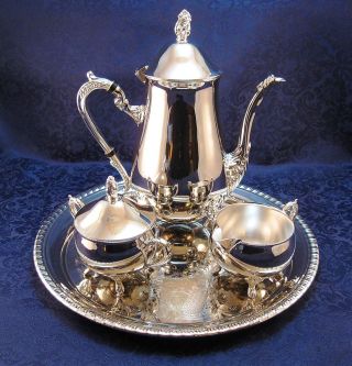 Silver Plate Tea Pot Set – Tea Pot,  Creamer,  Sugar With Cover And A Round Tray photo