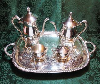 Silver Plate Tea & Coffee Pot Set & Rectangular Footed Tray 22” - Leonard Silver photo