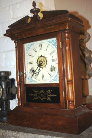 Antique Cottage Mantle Clock Primitive Tin Painted Face Working photo