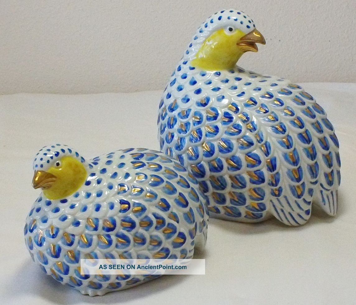 Mid - Century Signed Blue And White Ceramic Pair Of Quail Vases photo
