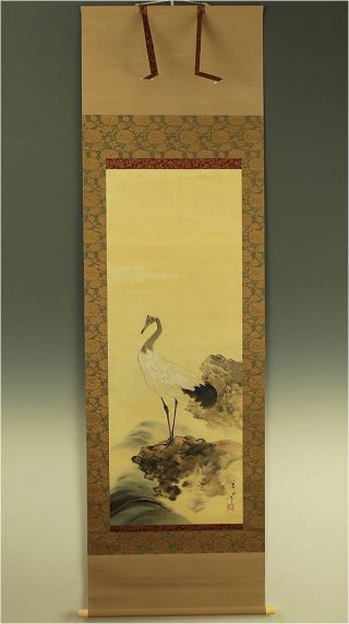 Antique Japanese Hanging Scroll By Artist Shunsui Of Crane On Stormy Shore photo