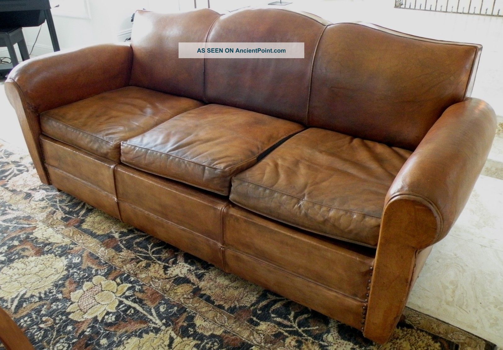 1930 - 40s French Art Deco Moustache Brown Leather Sofa Art Deco photo