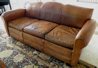 1930 - 40s French Art Deco Moustache Brown Leather Sofa photo