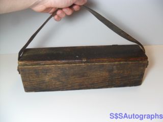 Old Vintage Primitive Antique Wooden Carpenters Tool Box / Chest W Leather Strap photo