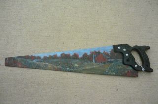 Folk Art Hand Painted 29 In Saw Blade Country Scene - Farm Barn Trees Fence photo