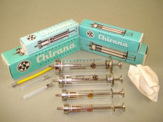 Set Of 4 Pcs Vintage Old Glass Syringes 1,  2,  5,  10ml Chirana Boxed photo
