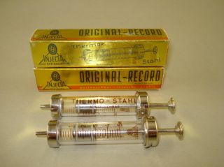 Set Of 2 Pcs Vintage Old Germany Glass & Brass Syringes Injecta Boxed photo