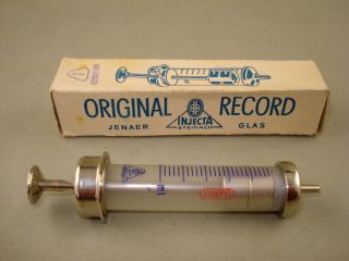 Vintage Old Germany Glass & Brass Syringes Injecta Record Boxed photo