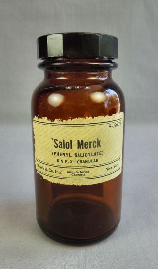 Vtg Merck Amber Glass Apothecary Bottle W Bakelite Lid Cap Salol photo