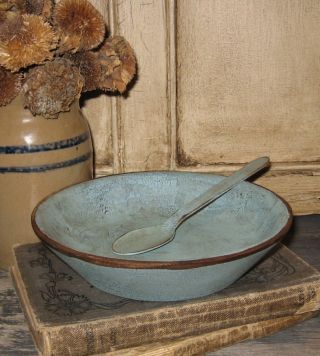 Vintage Wood Pantry Bowl Antique Farmhouse Blue Crackle+spoon Primitive Decor photo
