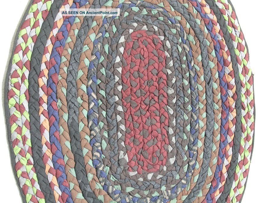 Antique American Hand Braided Rag Rug Oval Colorful Conservator Washed 31 " X41
