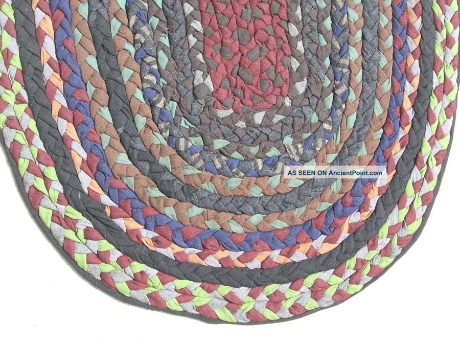Antique American Hand Braided Rag Rug Oval Colorful Conservator Washed 31 " X41