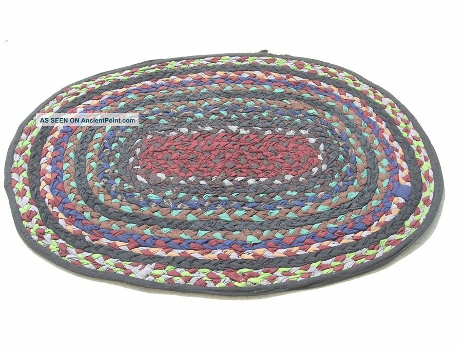 Antique American Hand Braided Rag Rug Oval Colorful Conservator Washed 31 " X41