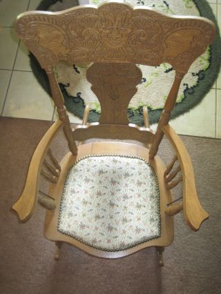 Antique/vintage Oak Face Pressed Back Adult Rocker/ Rocking Chair photo