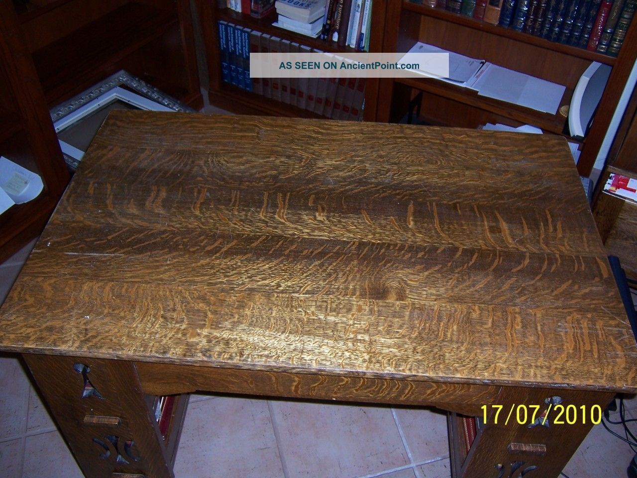 Antique Arts Crafts Mission Solid Tiger Oak Desk With Bookcase