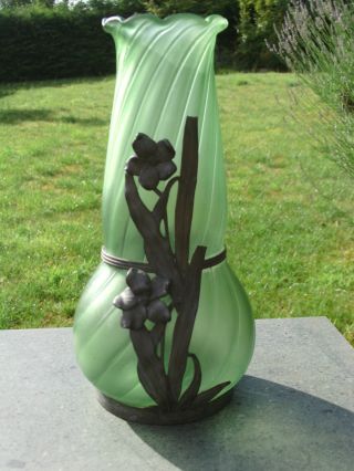Antique Loetz Van Hauten (stamped) Irridescent Green Glass Vase In Pewter Frame photo