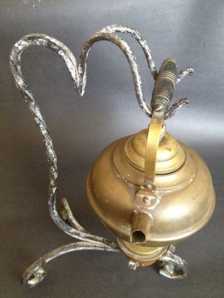 Old Vintage Antique Primitive Brass Teapot Kettle Wrought Iron Stand & Burner photo