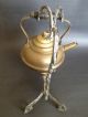 Old Vintage Antique Primitive Brass Teapot Kettle Wrought Iron Stand & Burner Primitives photo 3