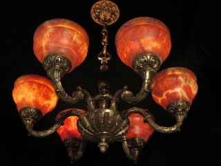 Antique Solid Bronze & Real Alabaster Chandelier From The 1950s photo