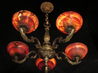 Antique Solid Bronze & Real Alabaster 5 Lights Chandelier From The 1950s photo