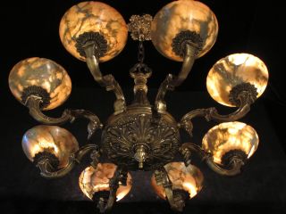 Chandelier Antique Solid Bronze & Real Alabaster From The 1950s photo