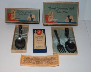 Rare 1920s Oneida Tudor Plate Bent Baby Spoons And Fork Boxes/documents photo