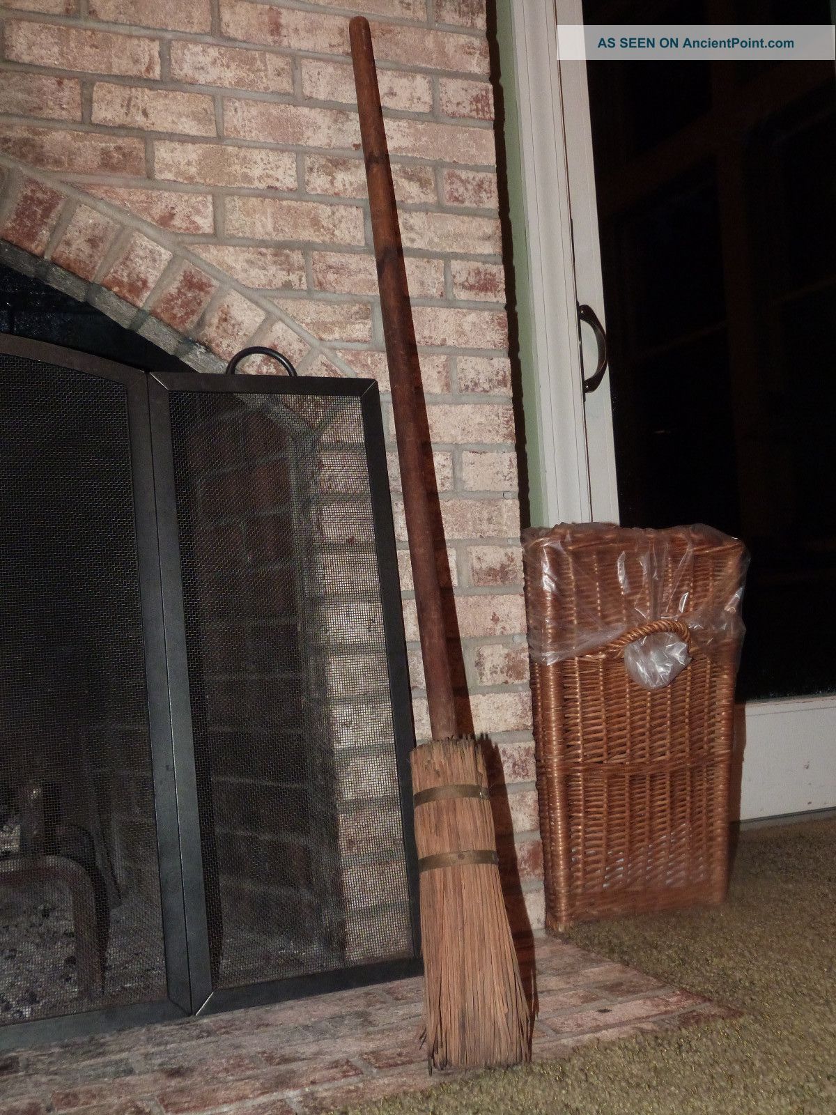 Antique Wooden Long Handled Broom Primitive Metal Band Primitives photo